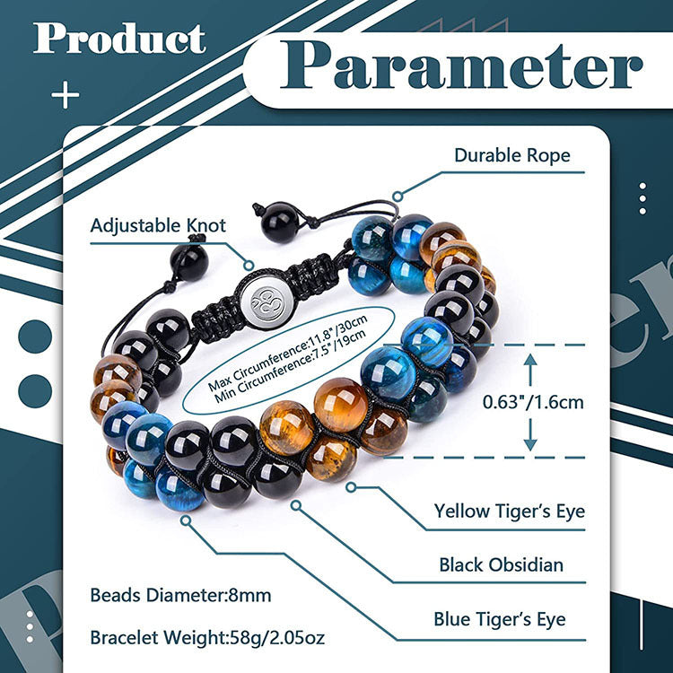 European and American Men8mm Double Layer Natural Stone Bracelet Adjustable Couple Bracelet Double Row Tiger Eye Braided Bracelet
