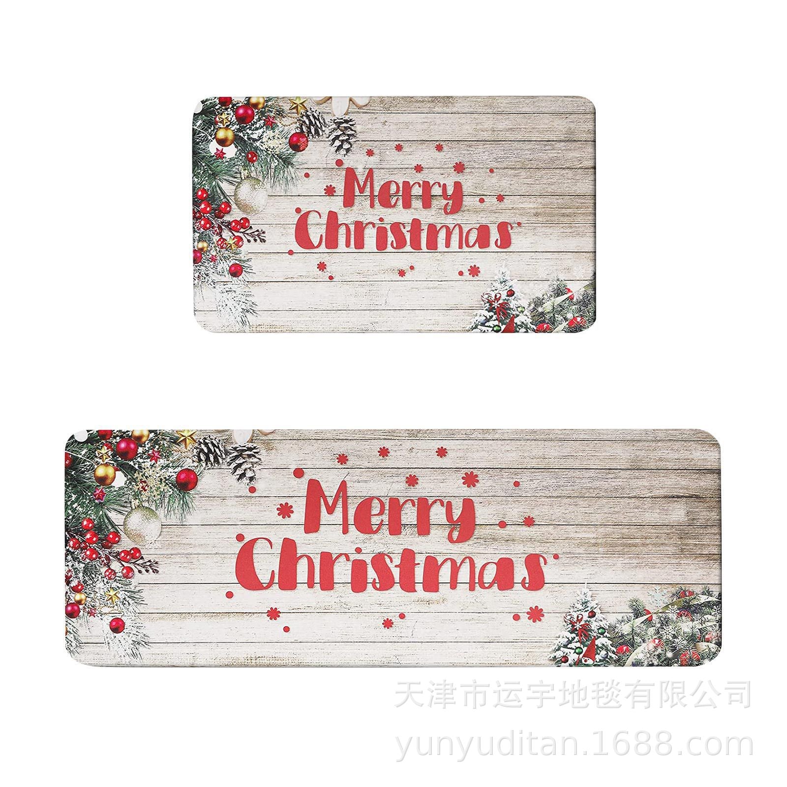 Christmas Kitchen Floor Mat Two-Piece Set Crystal Velvet Water-Absorbent Oil-Absorbent Non-Slip Foot Mat Holiday Decorative Floor Mat