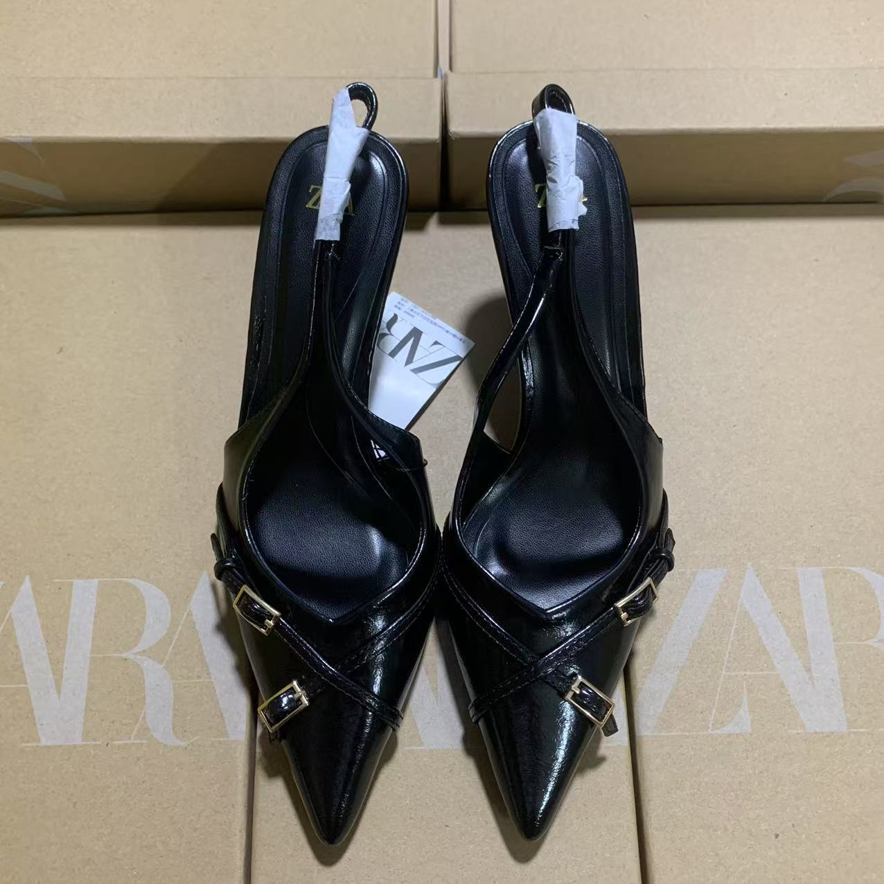 ZA2025New Black French Cross Buckle Fashion High Heels Women Pointed Toe High Heels Outdoor Back Strap Hollow Shoes