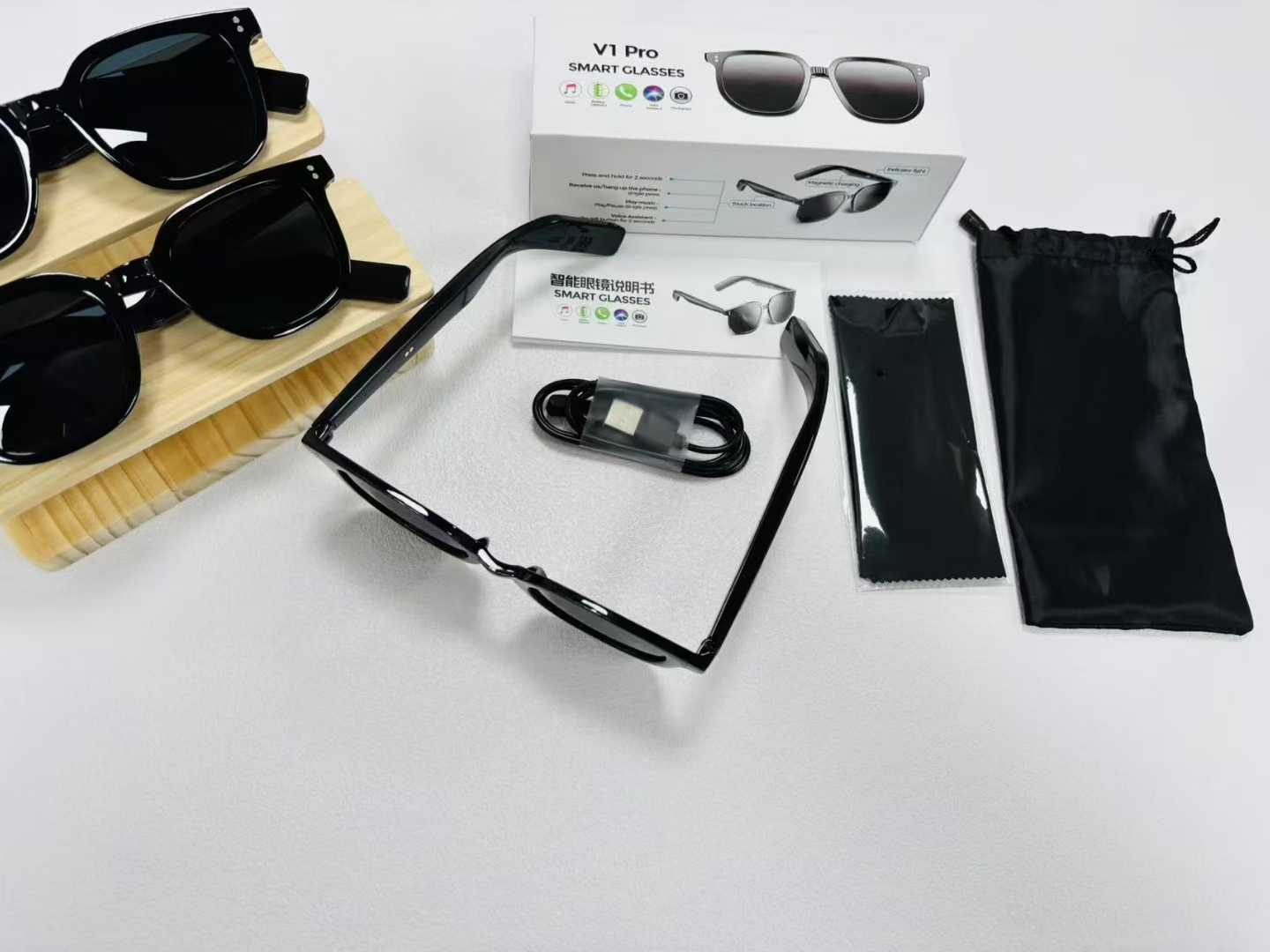 V1 Pro Smart Glasses Support Bluetooth Call Music Cut Song Voice Assistant Outdoor Sports Black Sunglasses