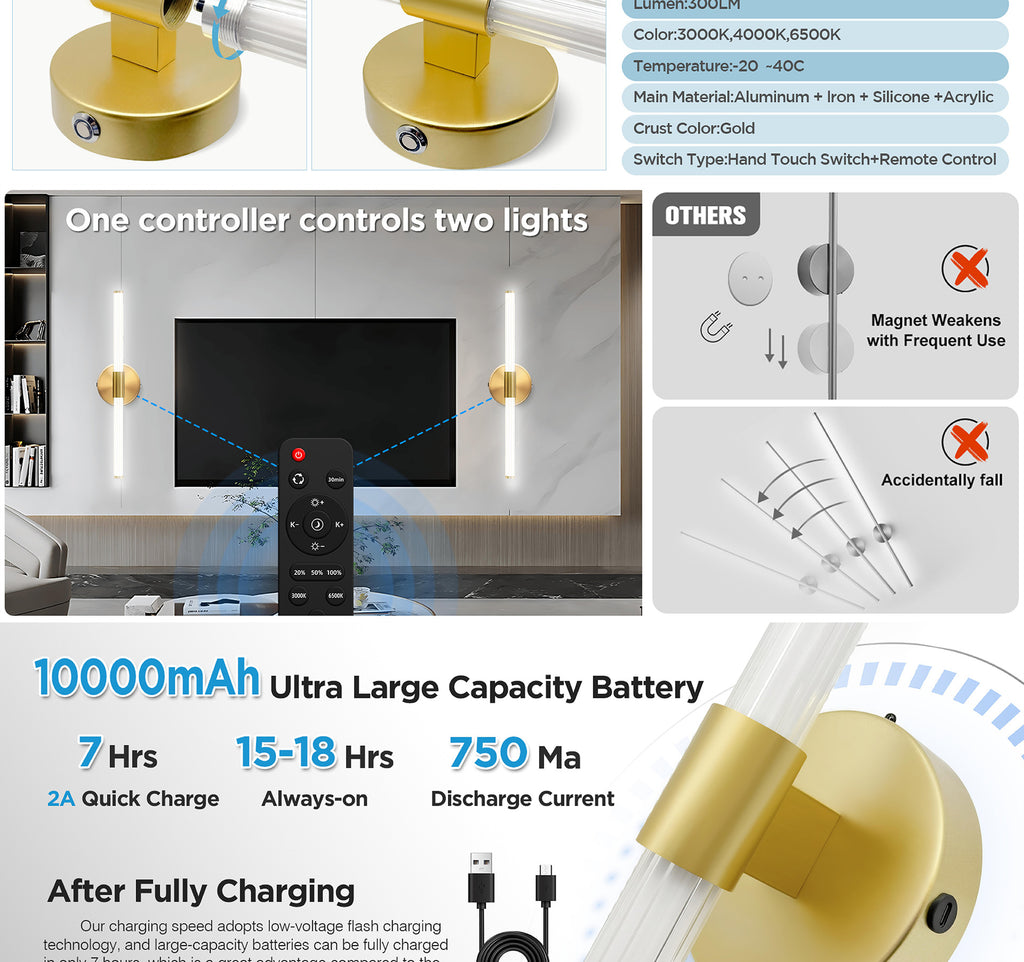 Light Guide Column Rechargeable Wall Lamp Indoor Wall Lamp No Wiring Wall Lamp Magnetic Wall Lamp Strip Wall Lamp Bestseller