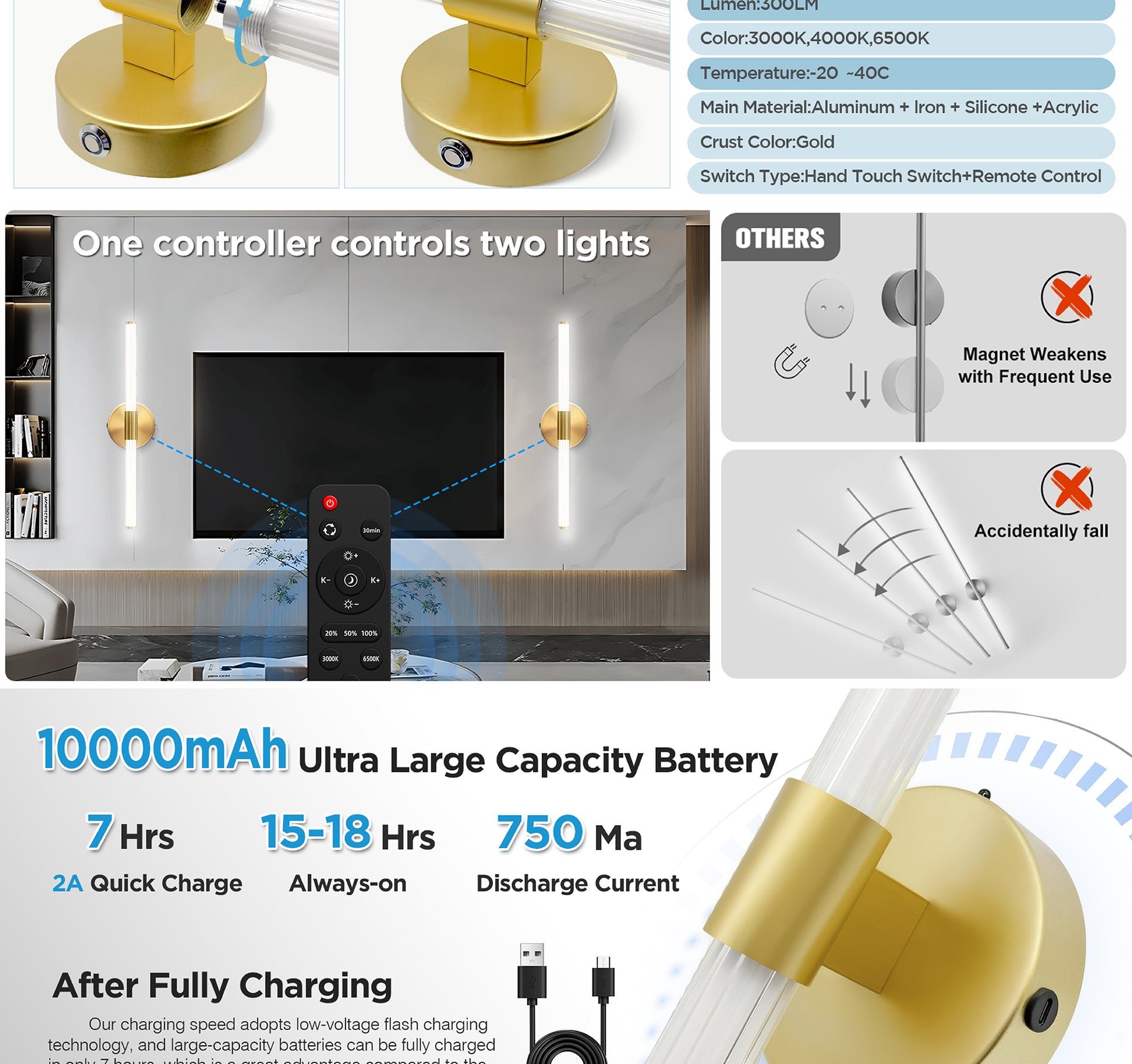 Light Guide Column Rechargeable Wall Lamp Indoor Wall Lamp No Wiring Wall Lamp Magnetic Wall Lamp Strip Wall Lamp Bestseller
