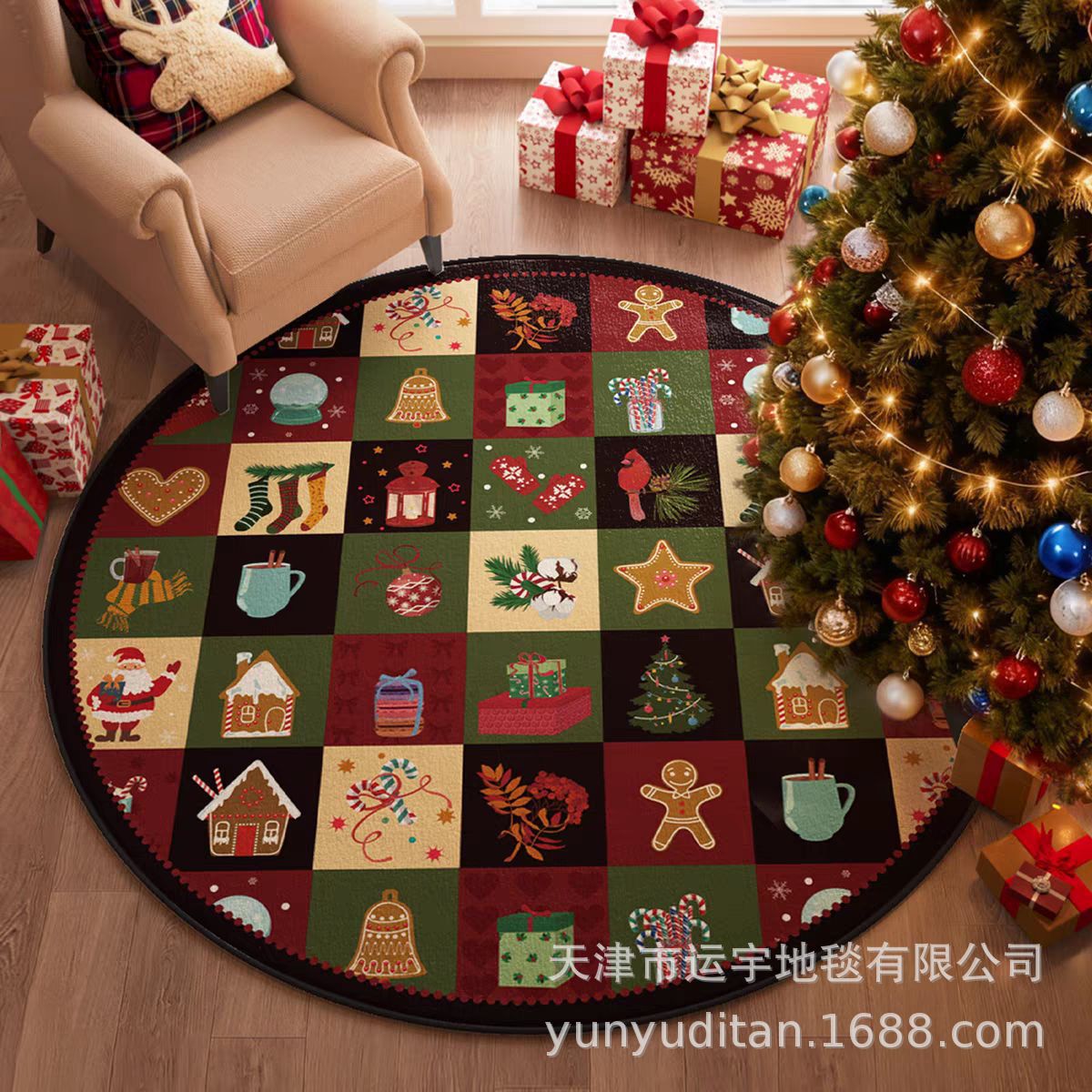 Christmas Carpet Round Living Room Crystal Velvet Floor Mat Christmas Decoration Atmosphere Mat Christmas Tree Floor Mat Customizable