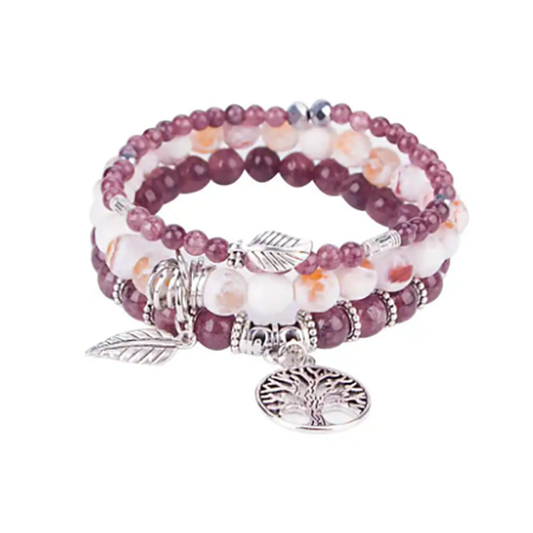 Three-layer Protection Shoushan Stone Bracelet Set Bohemian Leaf Tree of Life Pendant Indian Agate Women's Bracelet