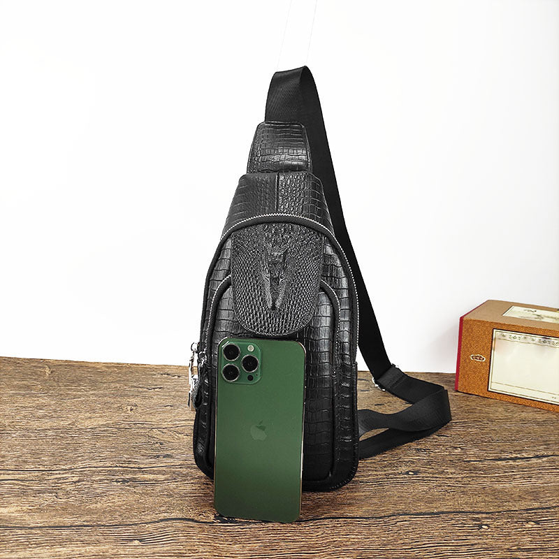 Specialized Password Lock Men's Genuine Leather Chest Bag Crocodile Pattern Top Layer Cowhide Travel Small Shoulder Crossbody Bag Trendy