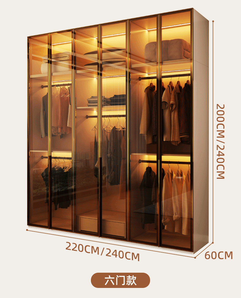 Glass Door Wardrobe with Lights, Solid Wood, Home Bedroom, Modern Simple European Pine Board, Cream Color, Skin Feel Storage, Large Wardrobe