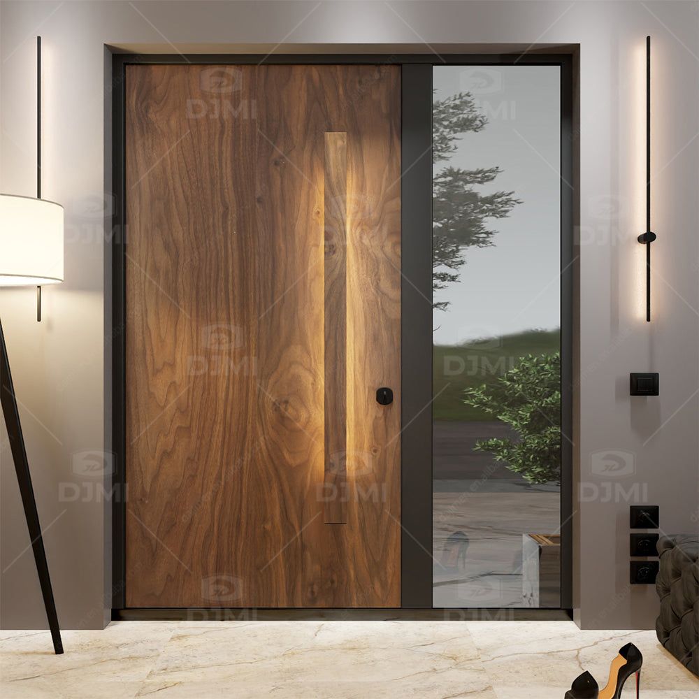 Natural Ash Solid Wood clear Lacquer 3D Irregular Surface Design Modern Front Entry Pivot Door with Long Handle and Smart Lock