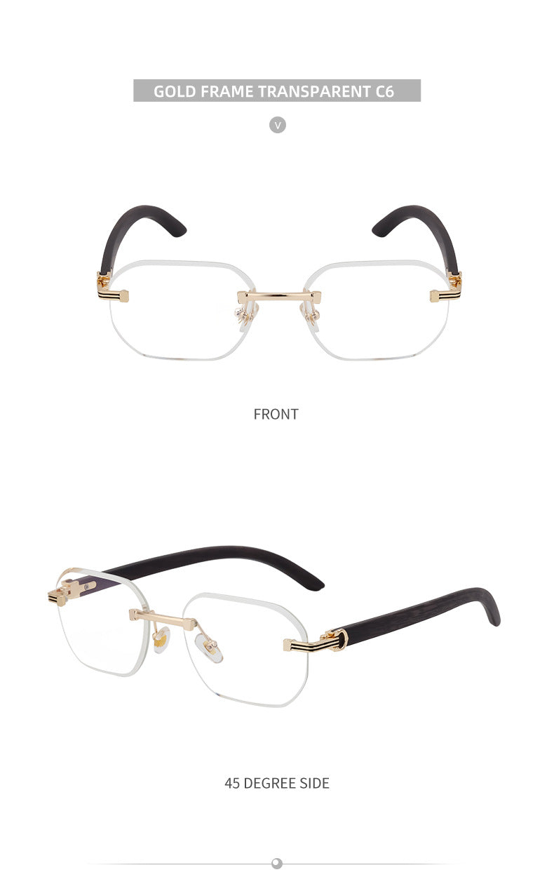 Frameless Glasses for Men High-End European and American Retro Imitation Wood Grain Temple Sunglasses UV Protection Personality Sunglasses