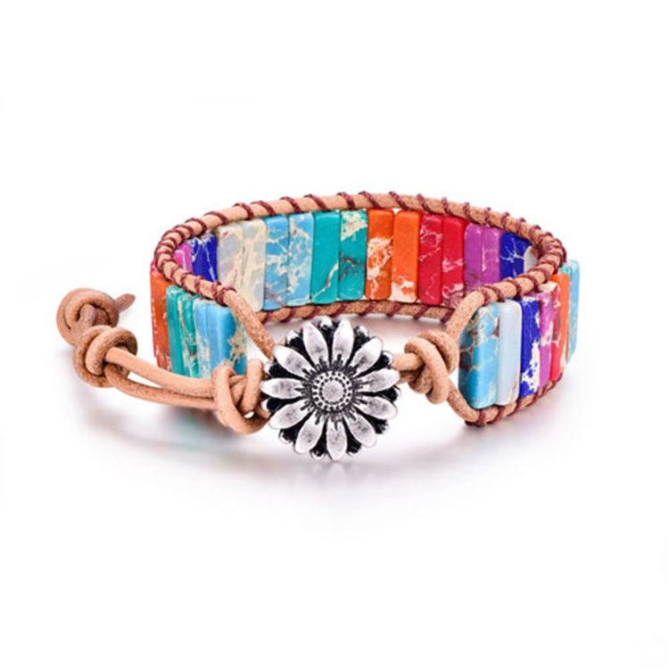 European and American Style Women's Bohemian Bracelet Vintage Emperor Stone Bracelet Handmade Woven Leather Cord Bracelet