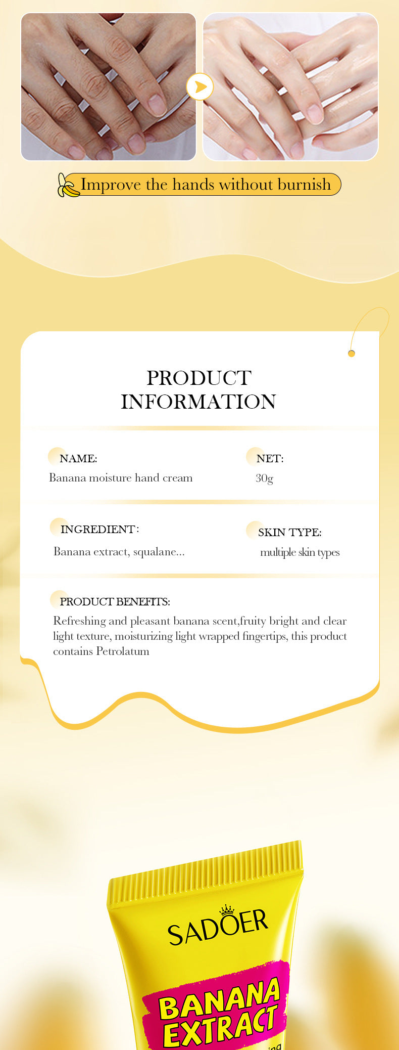 Banana Hydrating Hand Cream30g SADOER Moisturizing and anti-chapped autumn and winter hand cream  wholesale