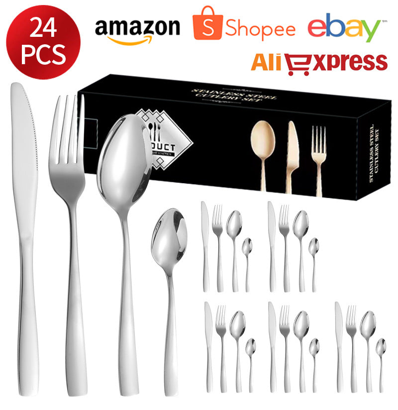 410Stainless Steel Tableware24Set of Hotel Western Dining Square Handle Steak Knife, Fork, Spoon, Tea Spoon