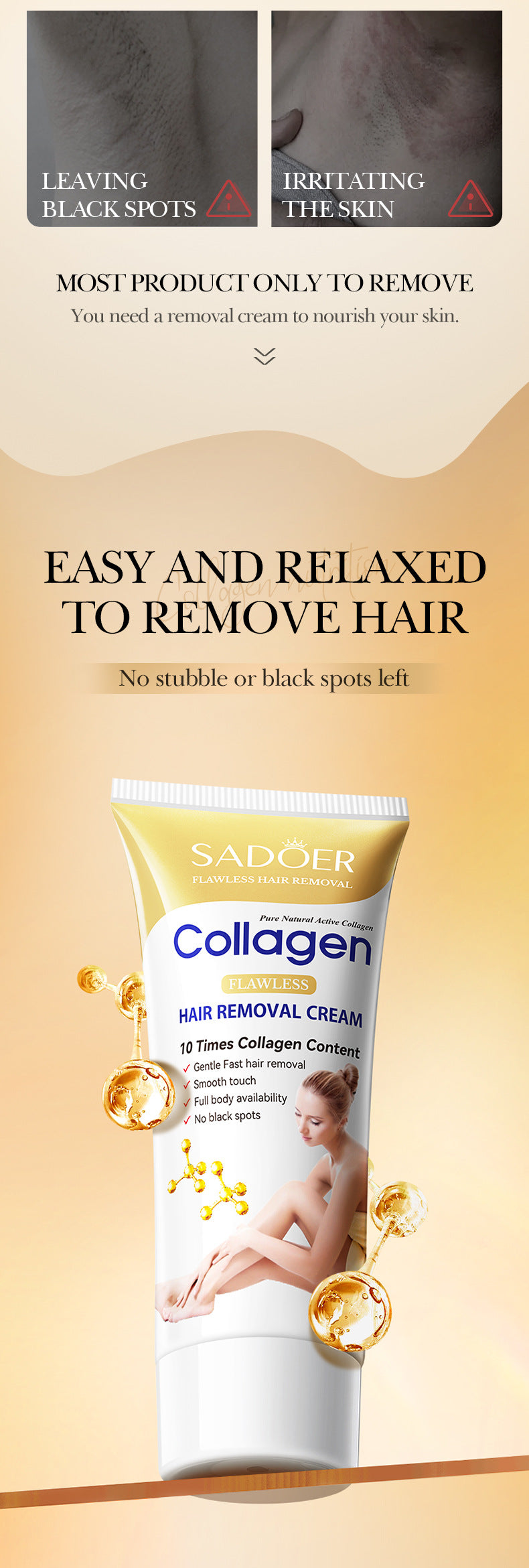 Collagen Gentle Hair Removal Cream SADOER Skin-friendly Non-irritating Underarm Hair Removal Cream  Wholesale