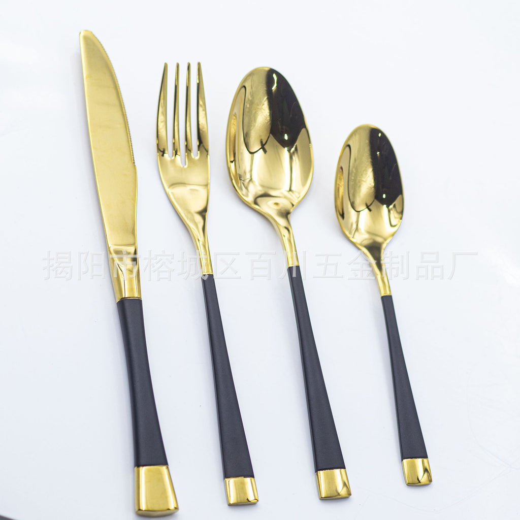 304Stainless Steel Cutlery Set Western Spoon Fork Four-Piece Set Titanium-Plated Square Handle Steak Knife Fork Spoon Gift Set