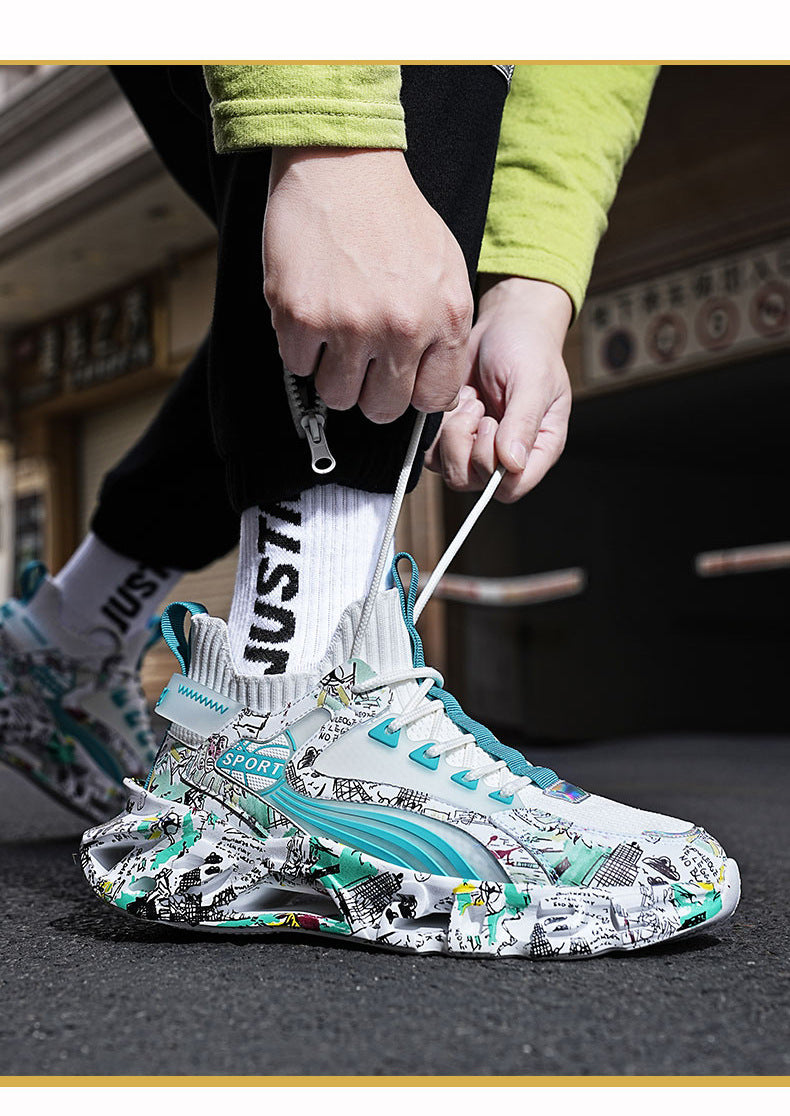 Spring Summer New Style Flyknit Camouflage Blade Men's Shoes Fashion Casual Sports Shoes Shock Absorption Height Increasing Dad Versatile Trendy Shoes