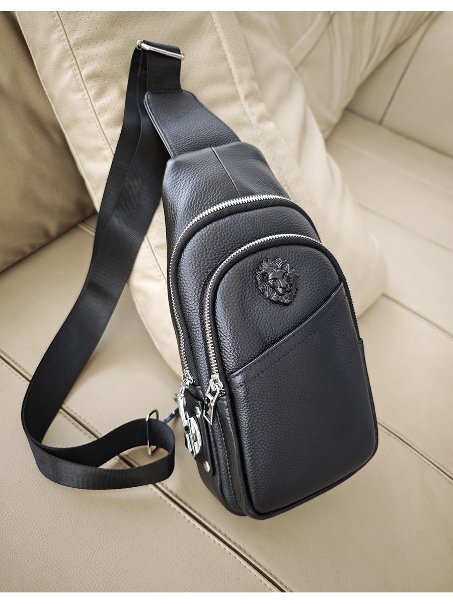 High-End Men's Top Layer Cowhide Multi-Zipper Bag Sports Casual Small Backpack Anti-Theft Genuine Leather Fingerprint Lock Chest Bag