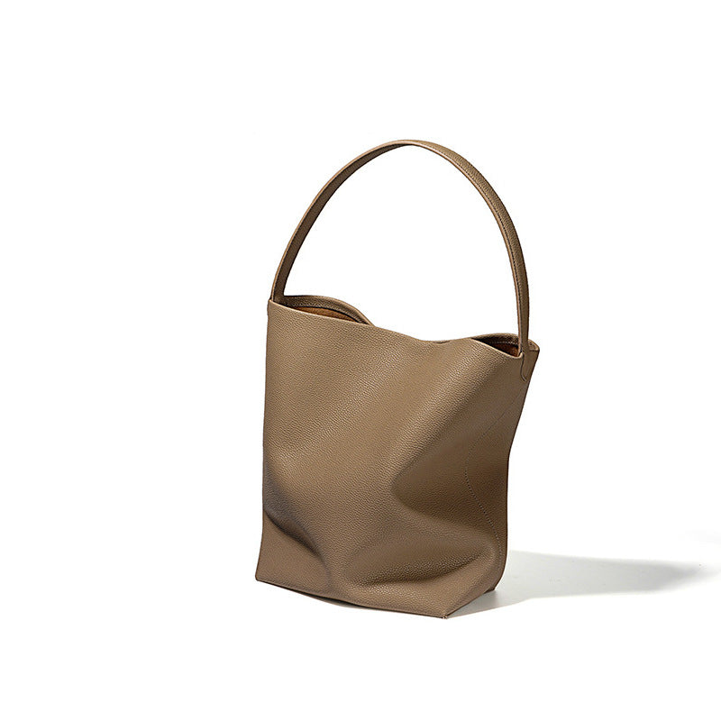Women's Genuine Leather Underarm Bag, Large Capacity Single Shoulder Tote Bag, Top Layer Cowhide Commuter High-End Bucket Bag