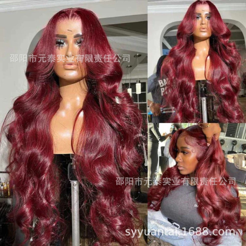 99J Front Lace Wig Big Waves Full Head Daily Women Long Curly Hair High Temperature Fiber Synthetic Wig Air Bangs