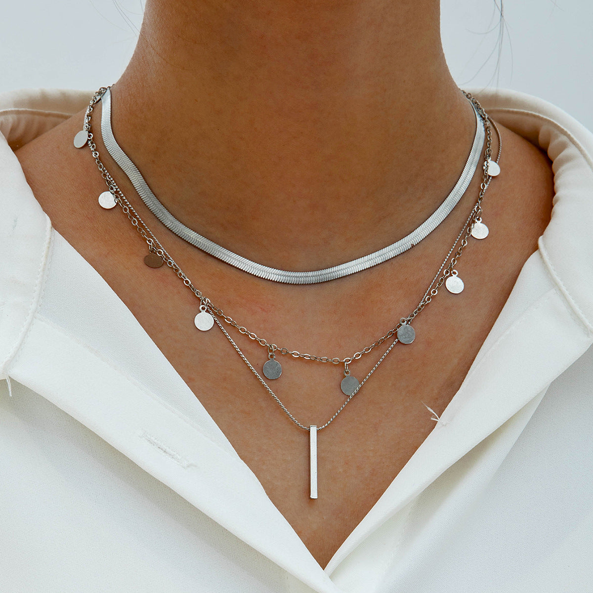 European and American Fashion Collarbone Chain Round Pendant Tassel Multi-layer Stacking Necklace Layered One-word Necklace3Set