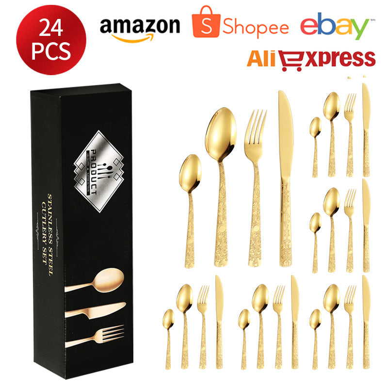 410Stainless Steel Tableware Hotel Restaurant Totem Pattern Knife Fork Spoon Four-Piece Set Western Steak Knife Fork24Set