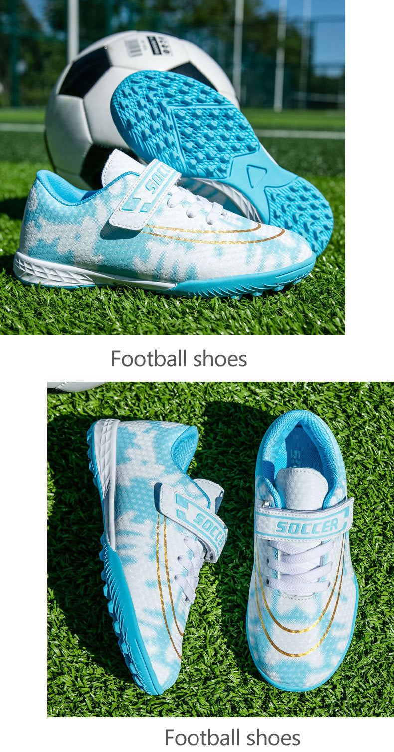 New Football Shoes for Men and Women, Children's Low-top Anti-collision Spike Magic Tape No-tie Grass Training Sports Shoes
