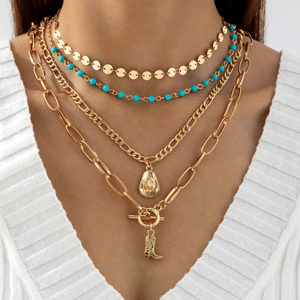 Bohemian Western Cowboy Boots Pendant Turquoise Necklace Layered Tassel Accessories Y Type Necklace
