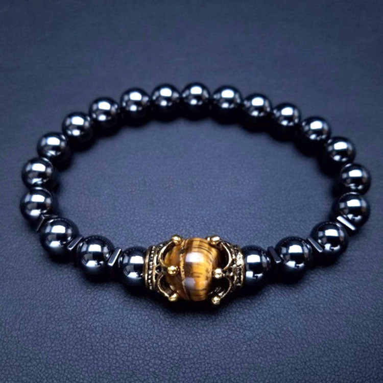 Men's Black Matte White Pine Bracelet8mm Elastic Cord Beaded Black Gallstone Volcanic Tiger Eye Frosted Crown Bracelet