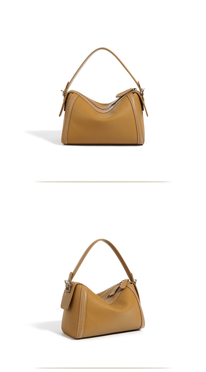 New Top Layer Cowhide Boston Bag Fashion Women's Bag Simple Texture Cowhide Shoulder Crossbody Bag Niche Design Sense