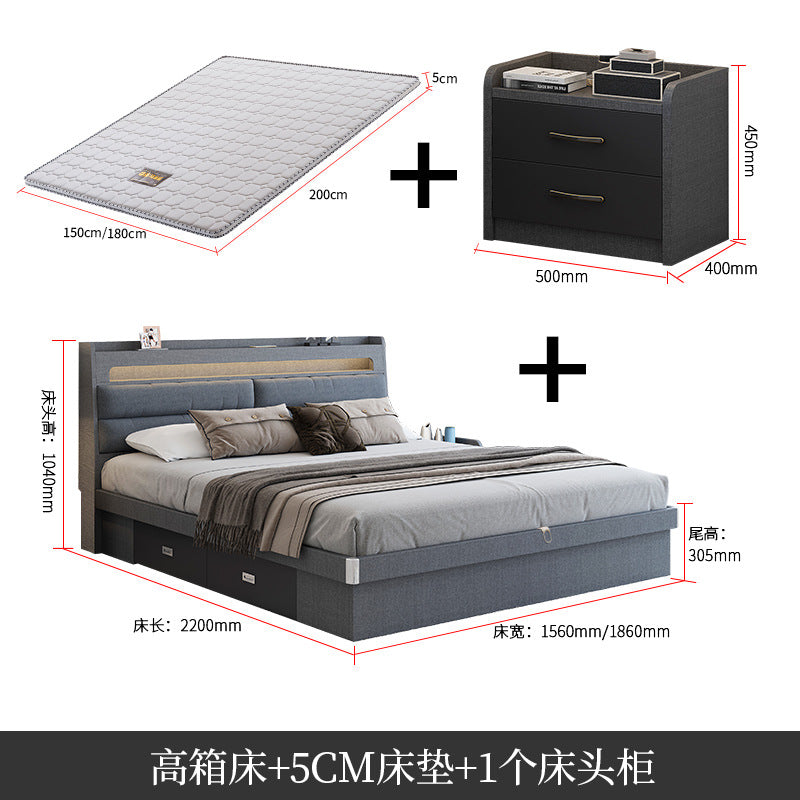 Technology Cloth Bed1.8Small Apartment Bedroom Double Bed Gray High Box Storage Bed with Technology Fabric Wear-Resistant Bed