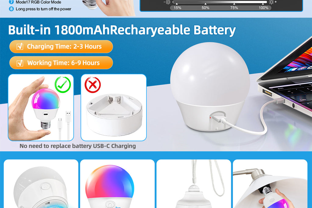 Rechargeable Light Bulb LED Bulb E26Screw Thread Household Lighting Electric Light Incandescent Chandelier Magic Color Bulb