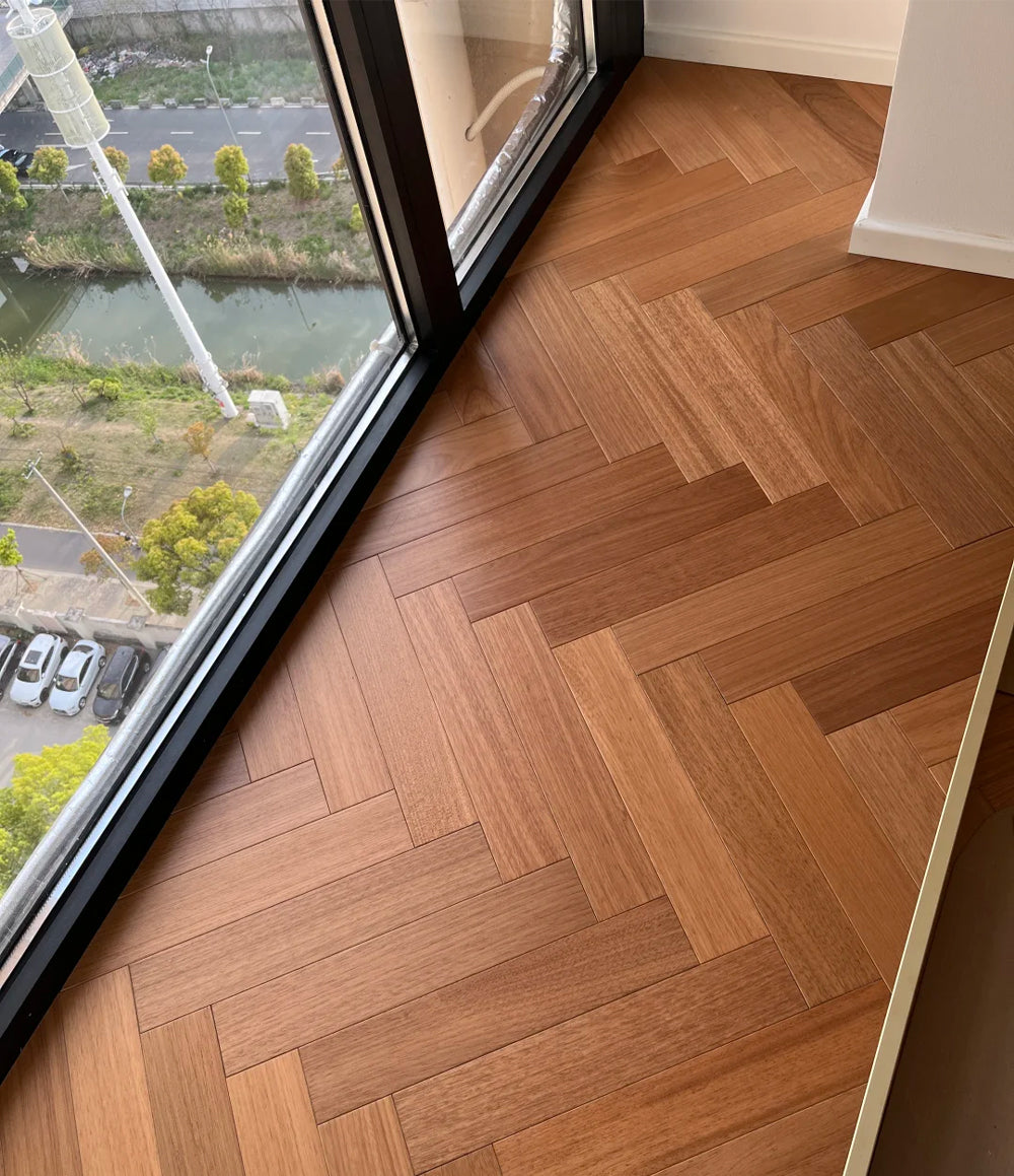14mm Engineered Teak Herringbone Wood Flooring | Stable Construction | Custom Surface for Residential Outdoor Exterior Use |