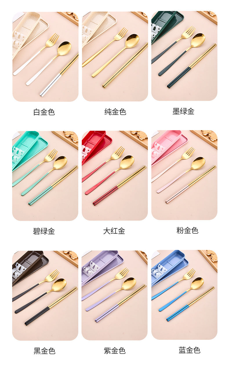 Stainless Steel Korean Portable Tableware Set Spoon Fork Chopsticks Three-Piece Set Student Travel Internet Celebrity Tableware
