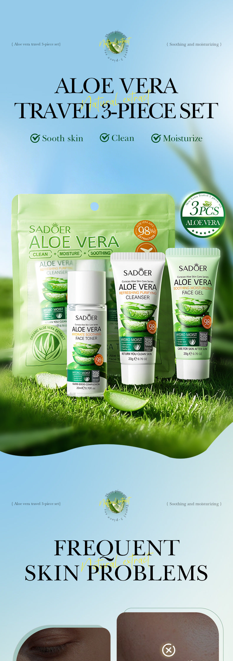 Aloe Vera Travel Three-Piece Set SADOER Aloe Vera Gel Toner Facial Cleanser  Wholesale