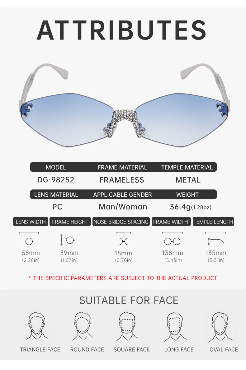New Diamond Cut Edge Frameless Sunglasses for Women, Diamond-Studded Sunglasses, Sun Protection, Diamond-Shaped Frame Glasses for Women shades