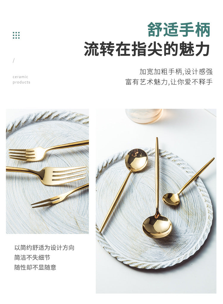 Portuguese Tableware304Glossy Round Handle Main Dinner Knife Fork Spoon Thick Mirror Dessert Spoon Fruit Fork Ice Spoon