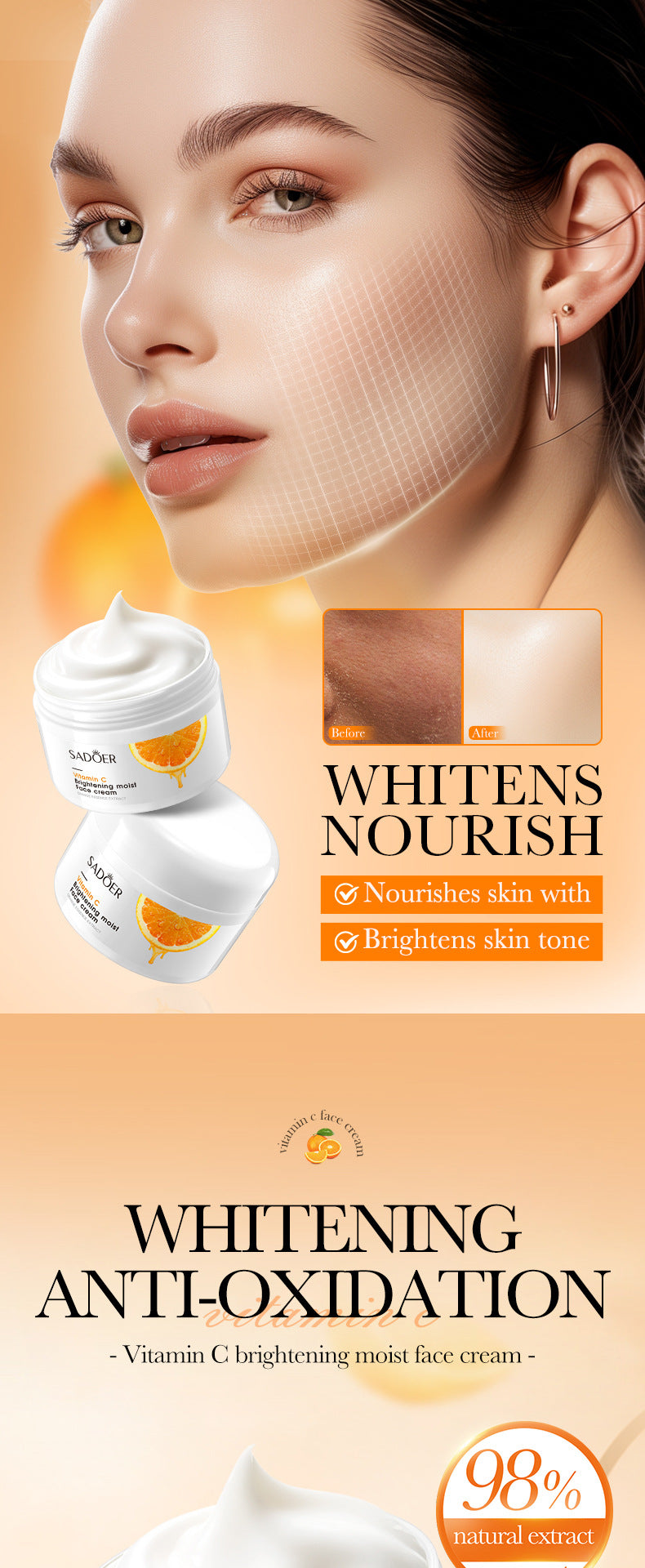 Vitamin C Moisturizing Cream SADOER Whitening, Hydrating, and Skin-Softening Face Cream Cross-Border Wholesale