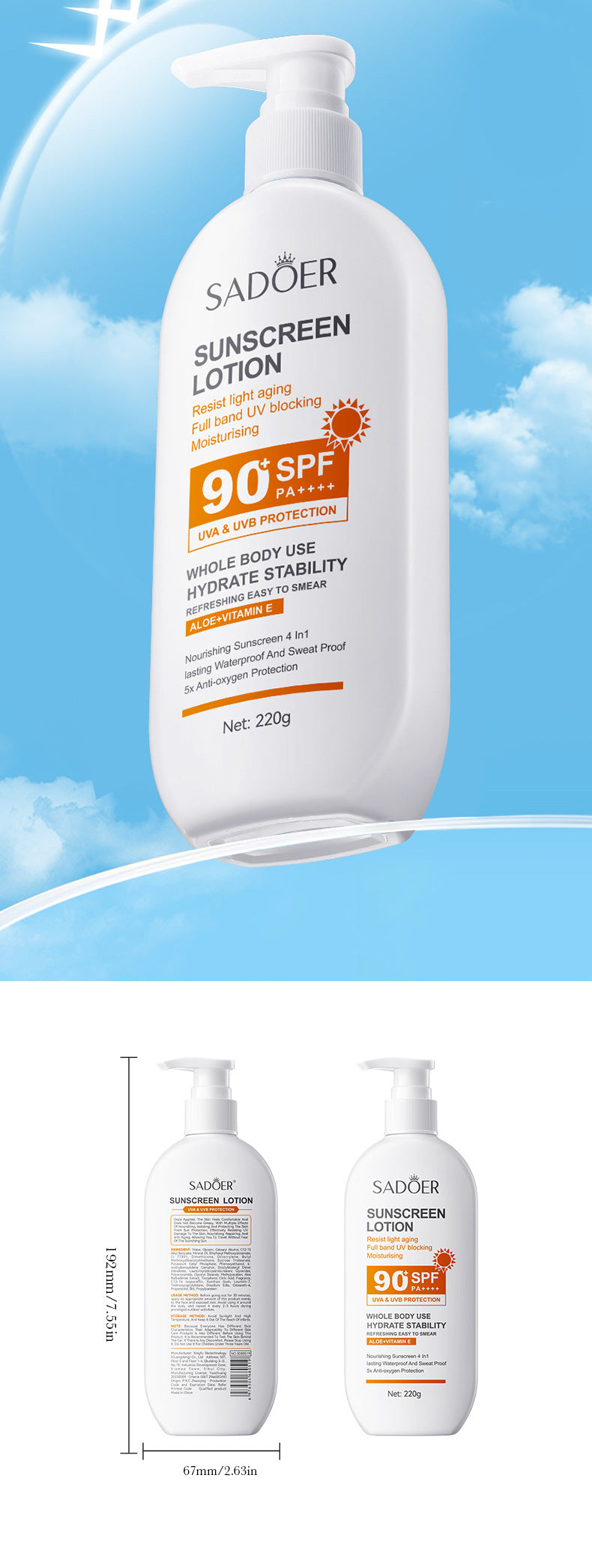 Sunscreen SADOER Clear Anti-Aging Refreshing UV Protection Sunscreen Lotion  Wholesale