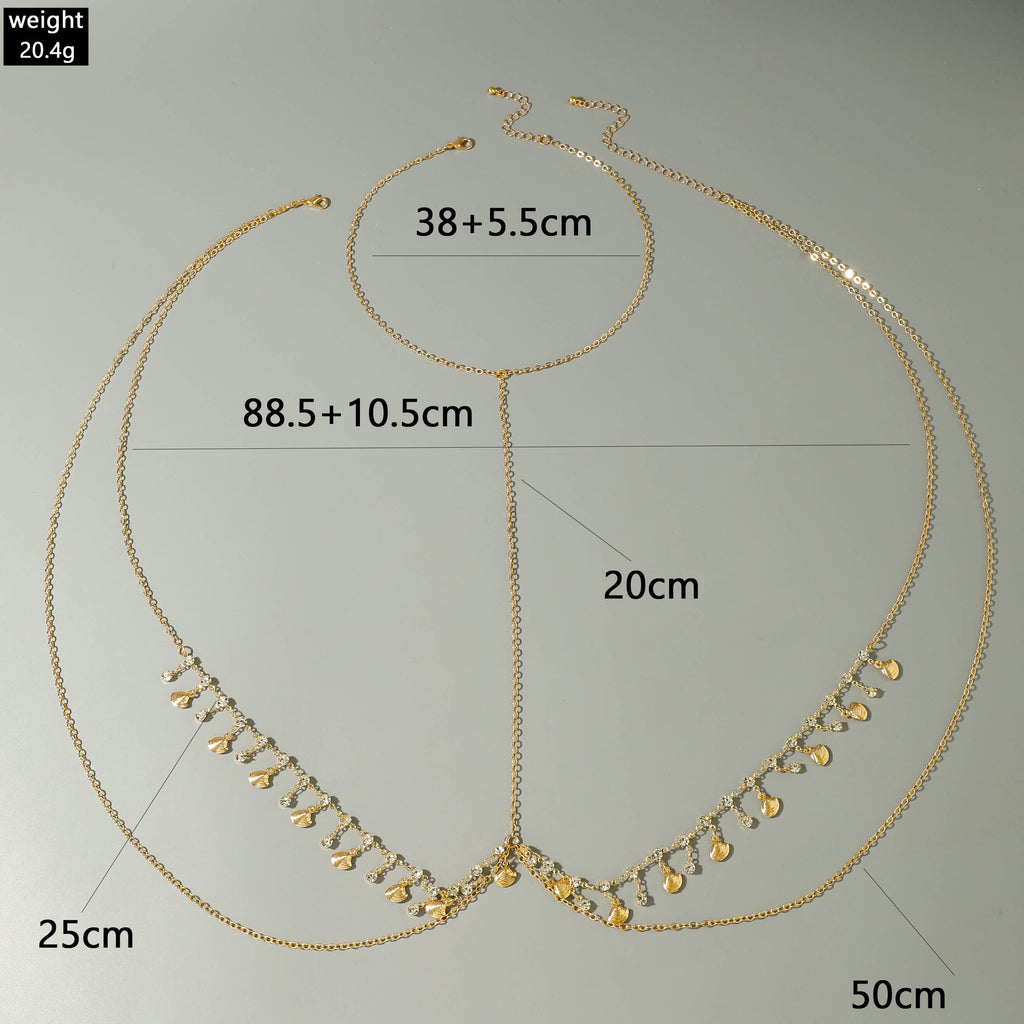 Trendy Simple Men's Body Chain Necklace Fashion Imitation Emerald Heart Hollow Chest Chain with Diamonds
