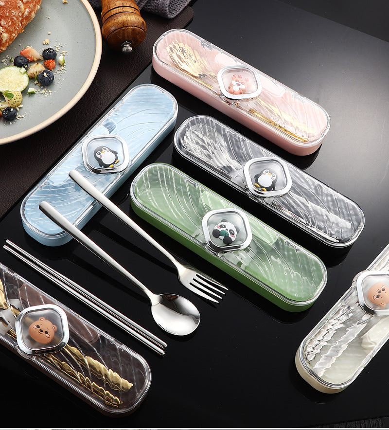 304Stainless Steel Tableware Student Cartoon Portable Tableware Set Work Outdoor Fork Spoon Chopsticks Three-piece Set