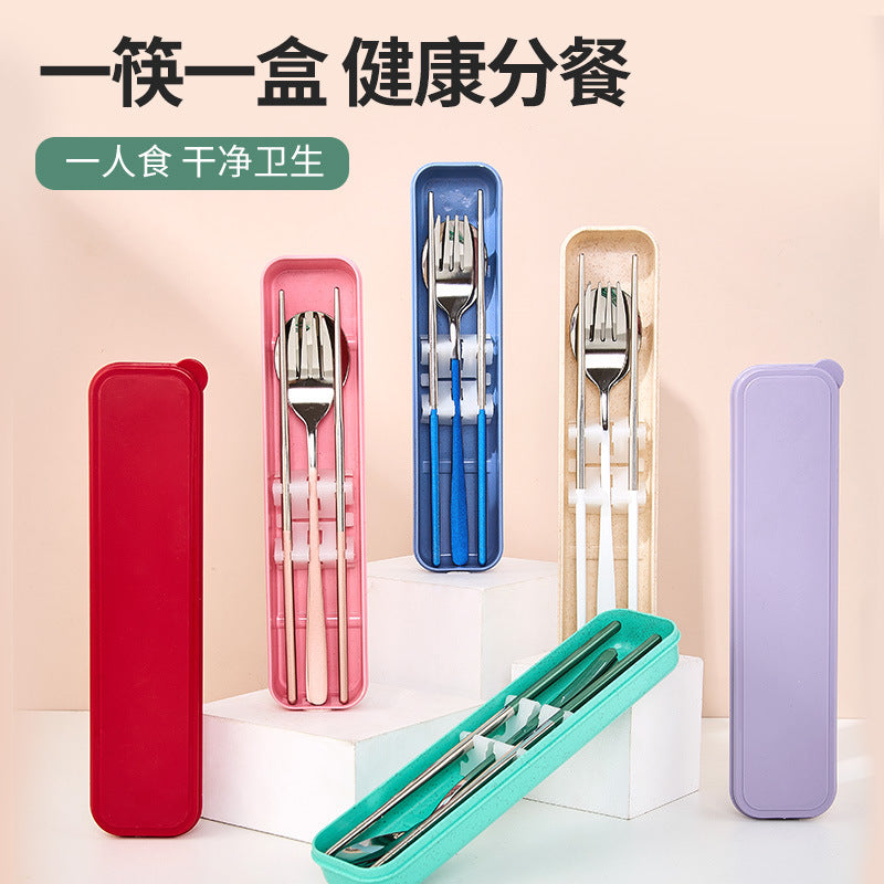Stainless Steel Korean Portable Tableware Set Spoon Fork Chopsticks Three-Piece Set Student Travel Internet Celebrity Tableware