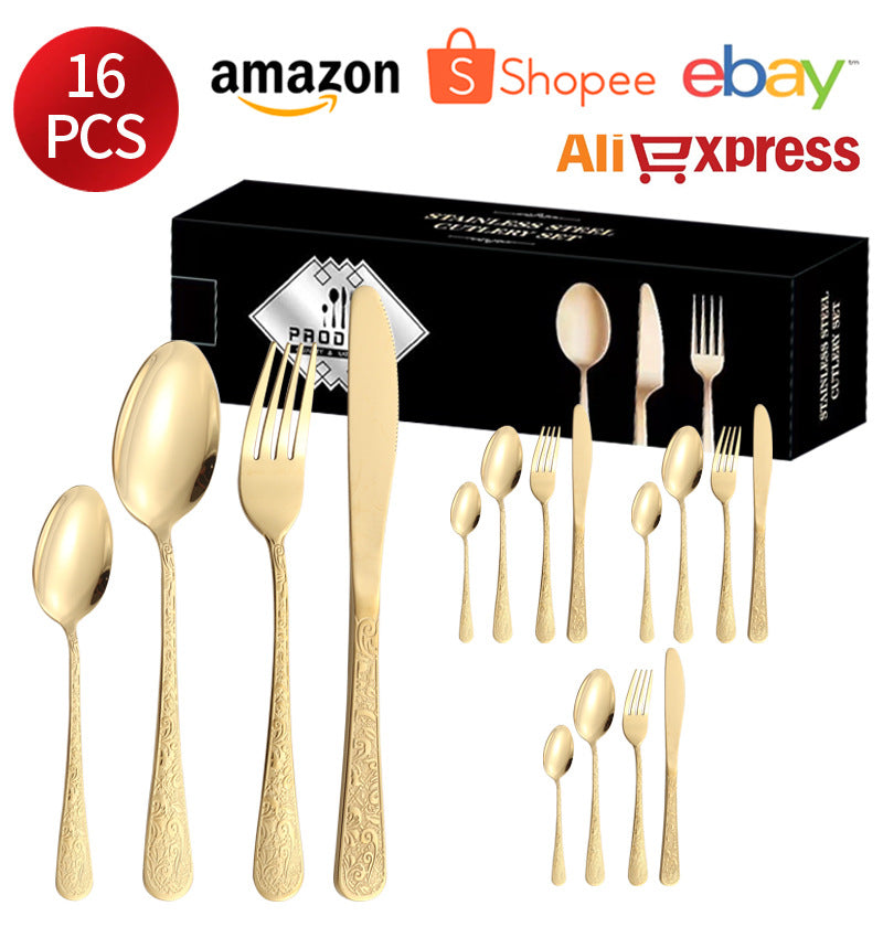 Stainless Steel Tableware Phoenix Pattern Knife Fork Spoon24Set of European-style Retro Relief Western Steak Knives and Forks