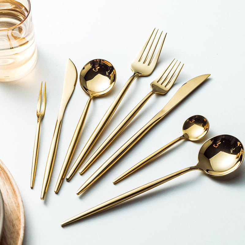 Portuguese Tableware304Glossy Round Handle Main Dinner Knife Fork Spoon Thick Mirror Dessert Spoon Fruit Fork Ice Spoon