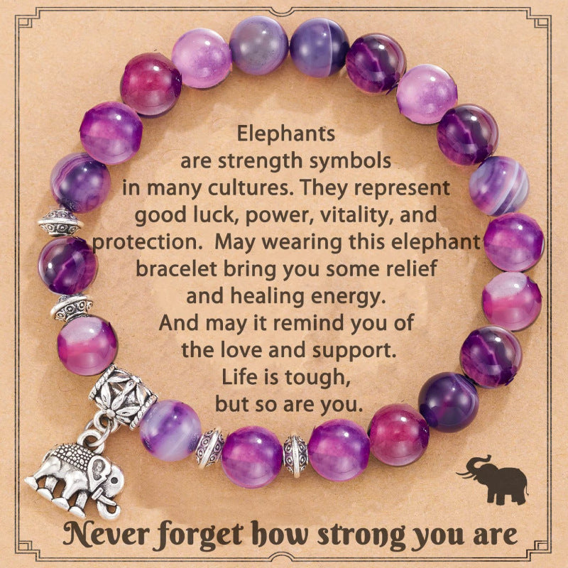 Women's Pink Zebra Stretch Bracelet Natural Stone8mm African Pine Agate Stone Elephant Pendant Bracelet