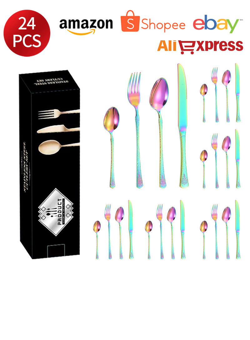 Stainless Steel Tableware Hotel Restaurant Crown Hammered Knife Fork Spoon24Set of Western Steak Knives and Forks