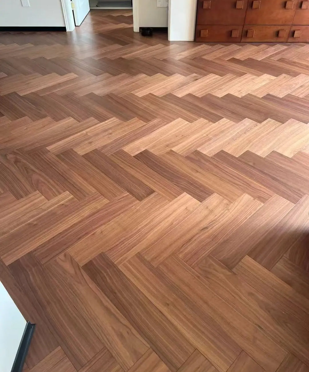 ENF-Certified AB-Grade Black Walnut Herringbone Click-Lock Multilayer Engineered Flooring-Luxury Living Room Waterproof Outdoor