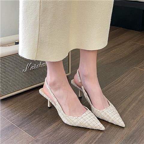 Chanel-inspired Sea Salt Blue Pointed High Heel Sandals2025New Women's Shoes with Open Back and Half Closed Toe Fashion Single Shoes