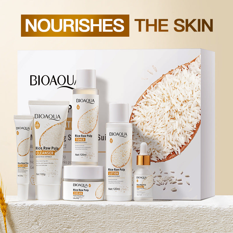 Full English Rice Skincare Set BIOAOUA Rice Puree Series Six-Piece Set Box  Wholesale
