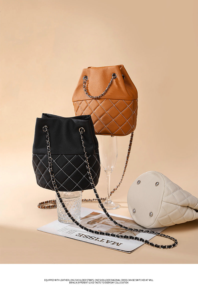 Classic Top Layer Leather Chanel Style Diamond Chain Shoulder Crossbody Women's Bag Fashion Versatile Handheld Bucket Bag for Women