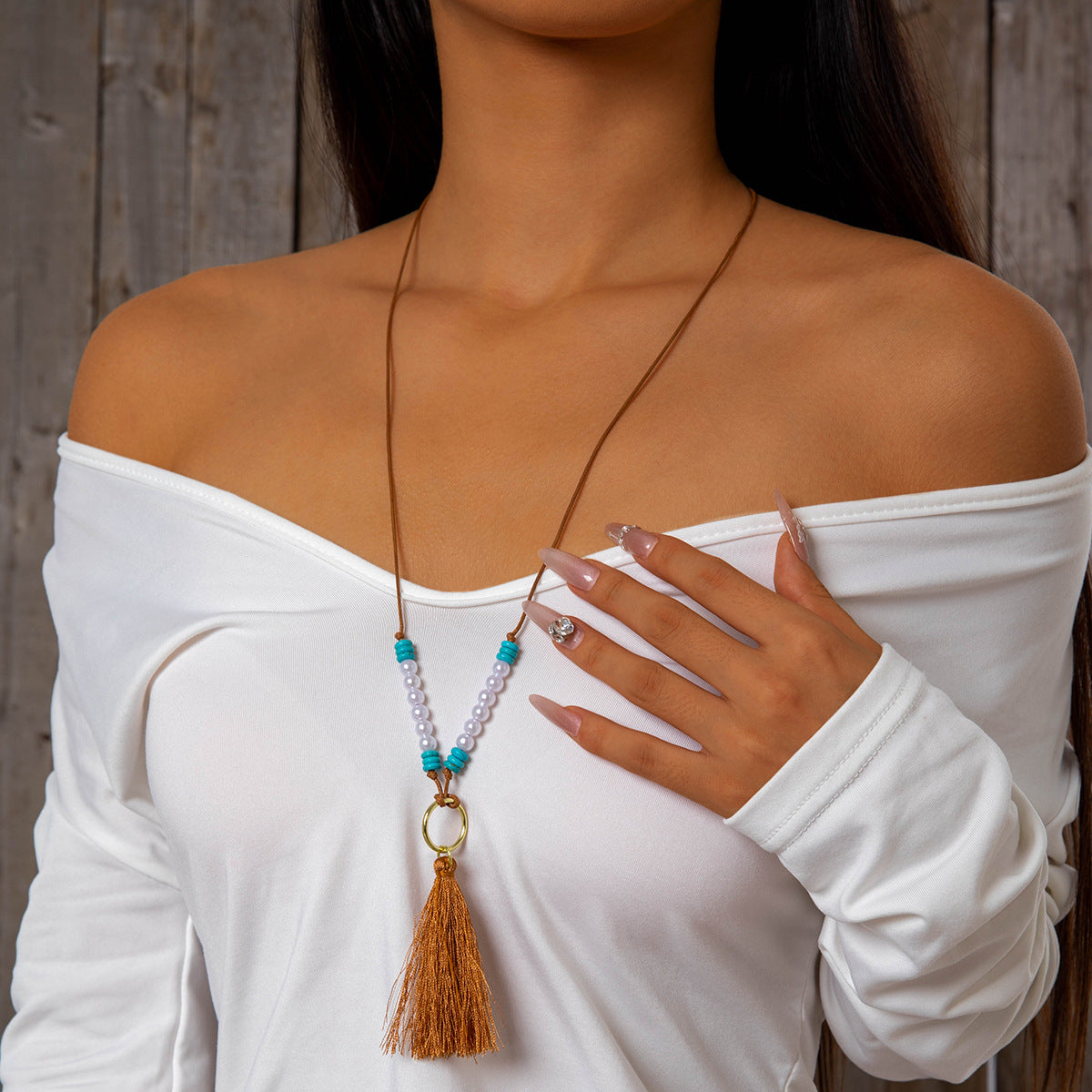 Simple Colorful Beaded Tassel y Chain Necklace Elegant Versatile Diamond-Studded Sweater Chain Jewelry