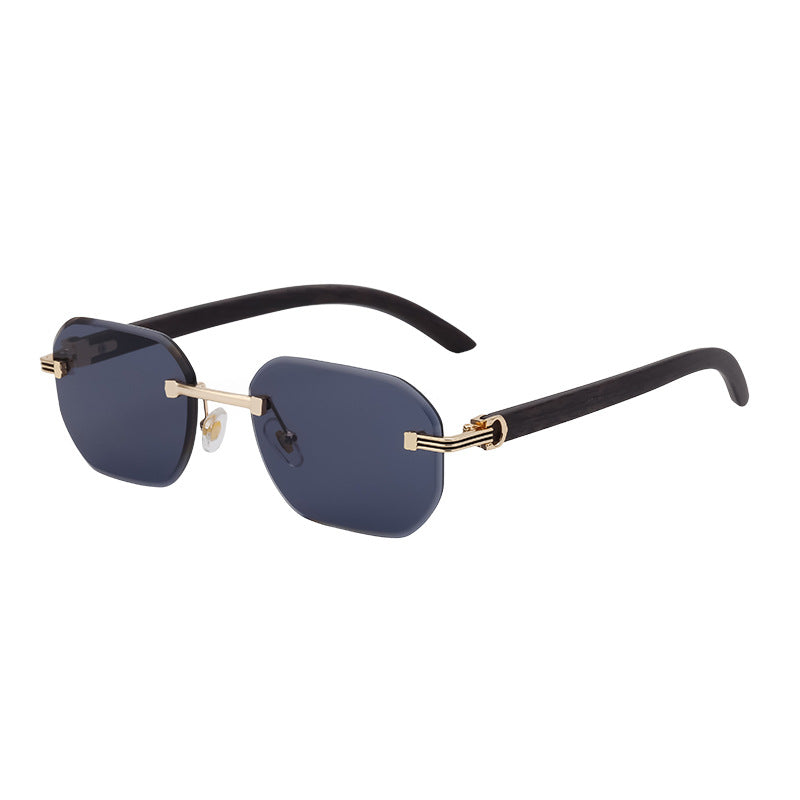 Frameless Glasses for Men High-End European and American Retro Imitation Wood Grain Temple Sunglasses UV Protection Personality Sunglasses