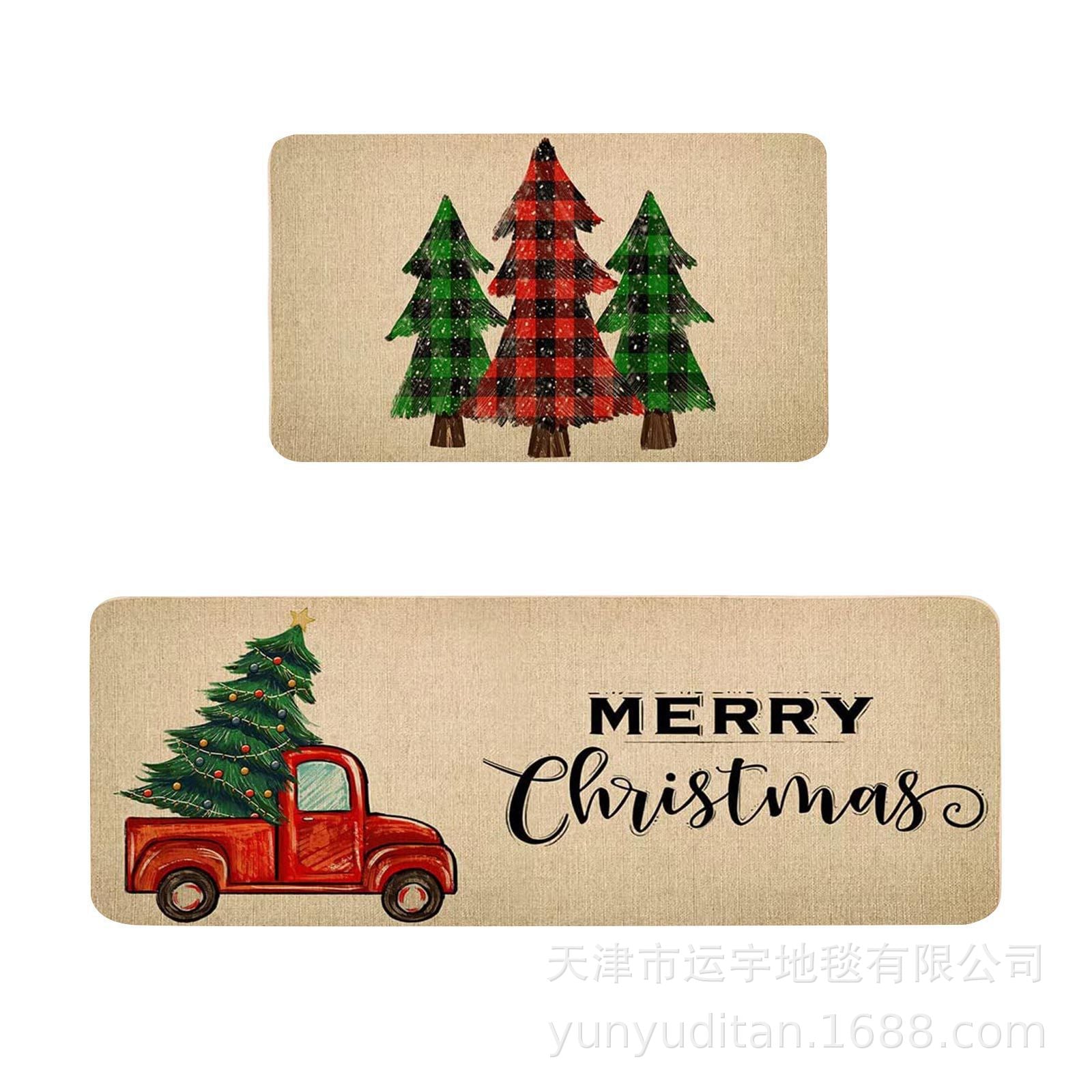 Christmas Kitchen Floor Mat Two-Piece Set Crystal Velvet Water-Absorbent Oil-Absorbent Non-Slip Foot Mat Holiday Decorative Floor Mat
